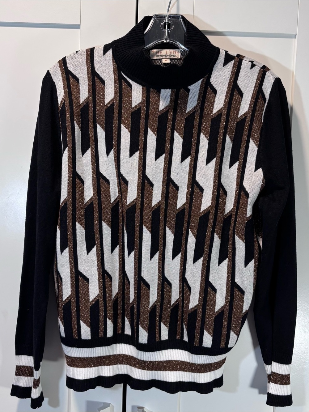 The Lynk XL Metallic Lurex Geometric Sweater Black Brown Mod Retro Mock Neck